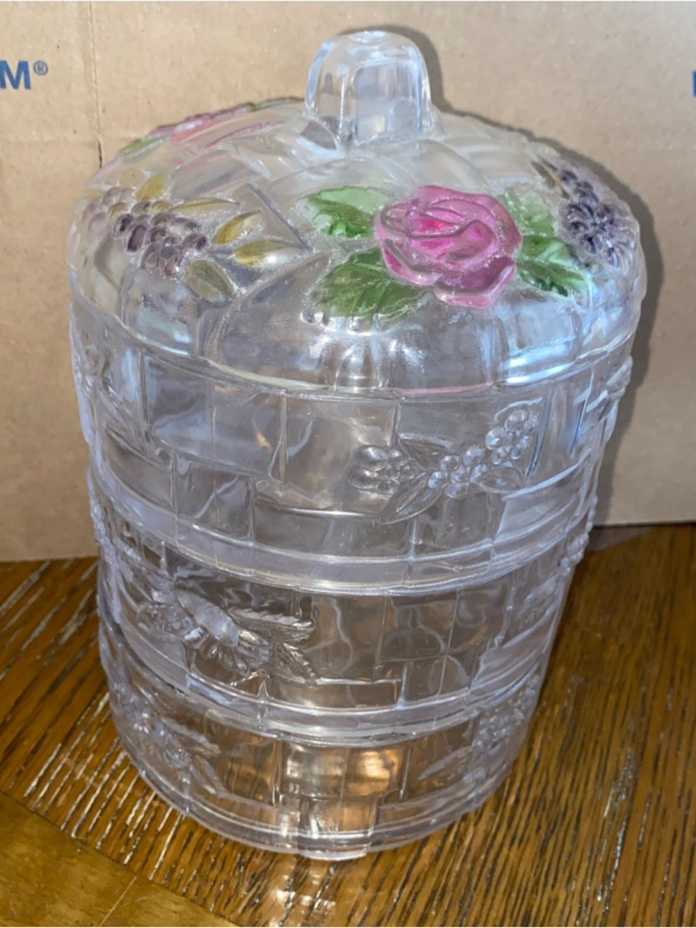 Clear Decorative Glass Trinket Jar with Pink Rose Accent